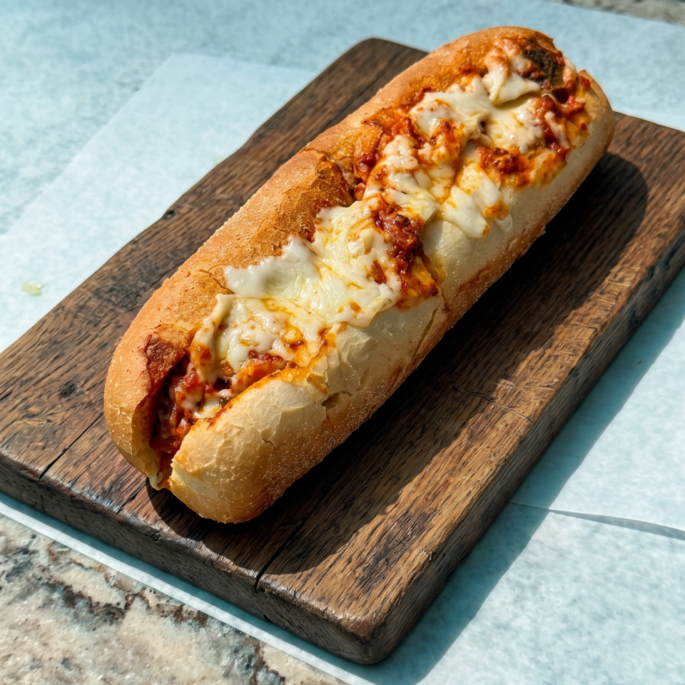 Toasted meatball sub with tomato sauce and melted cheese served on a wooden board.