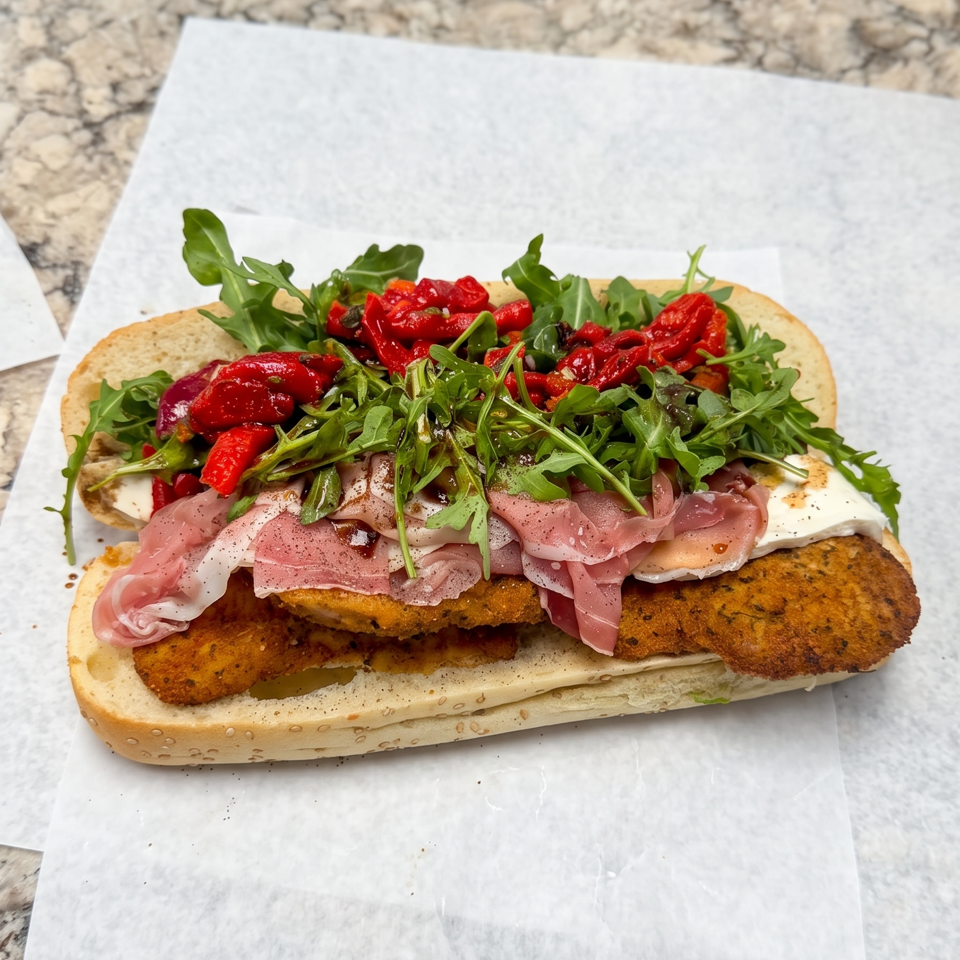 Open-faced sandwich on sesame bread topped with fried croquettes, pickled onions, arugula, and roasted red peppers.