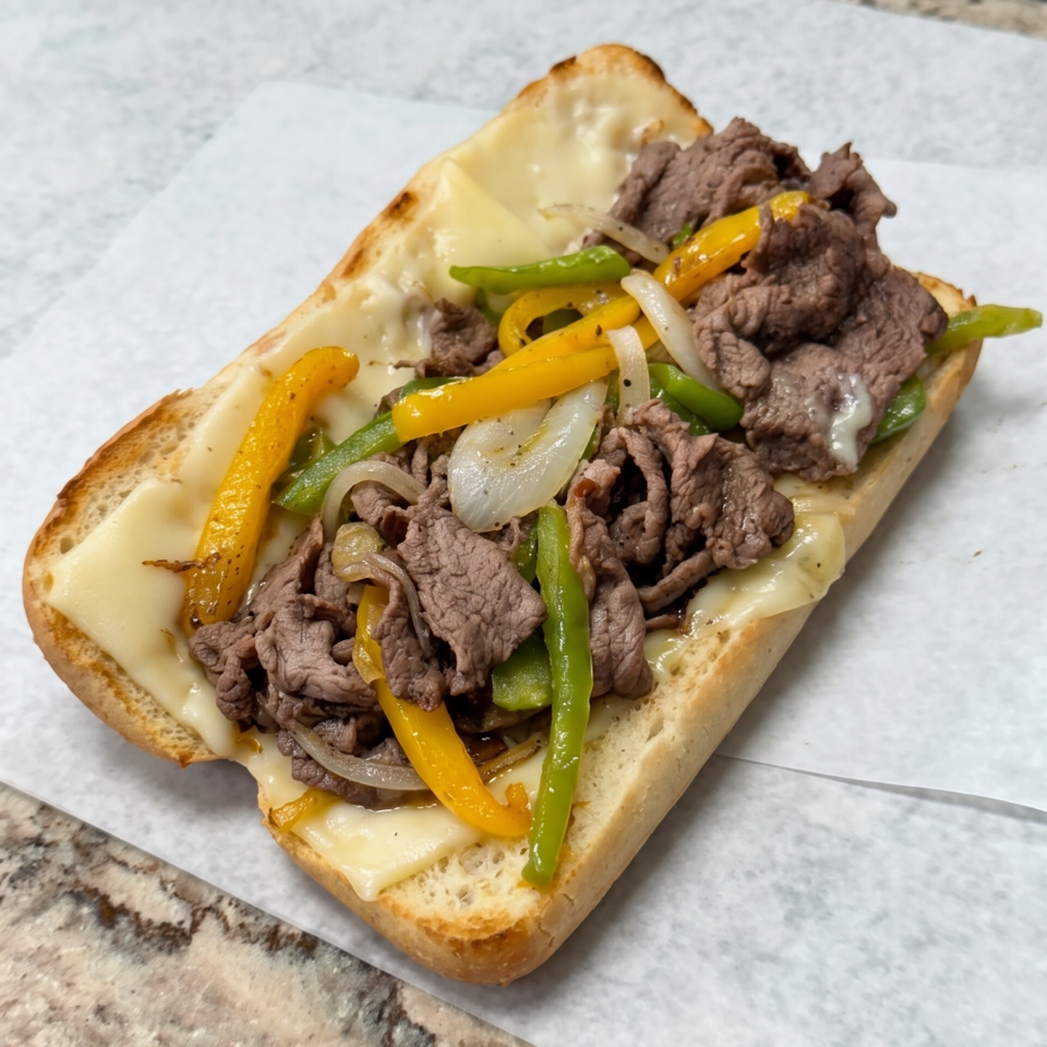 Toasted steak sandwich topped with melted cheese, sautéed green and yellow peppers, and onions on parchment paper.