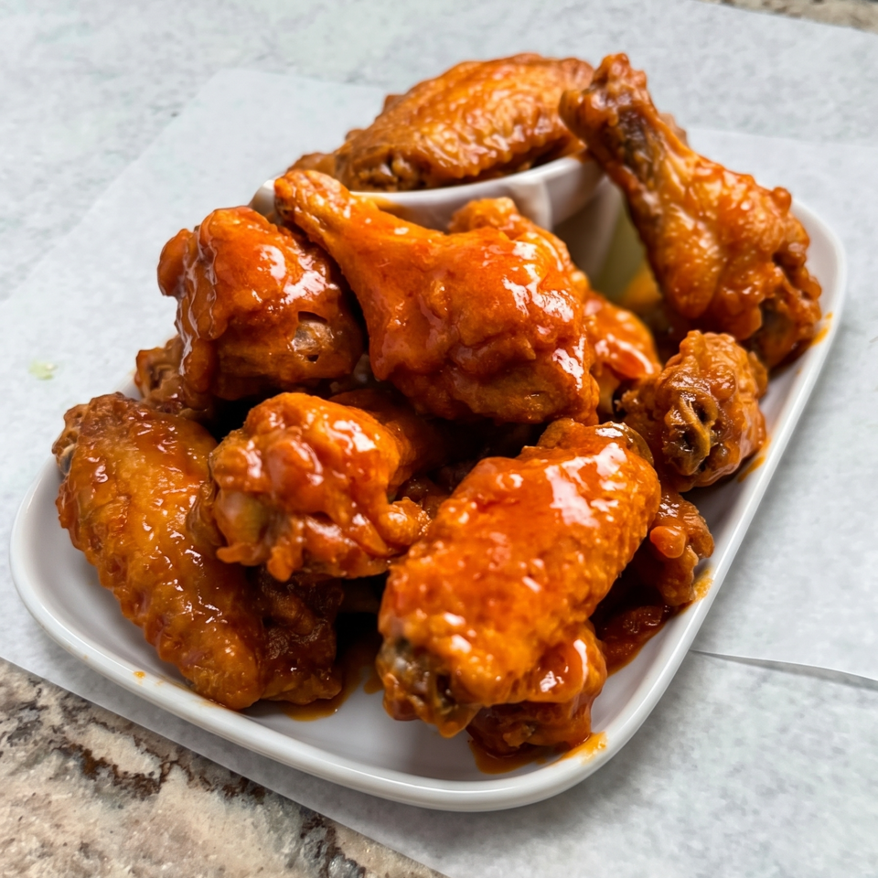 Plate of glossy, saucy chicken wings surrounding a small cup of dipping sauce on a marble tabletop.