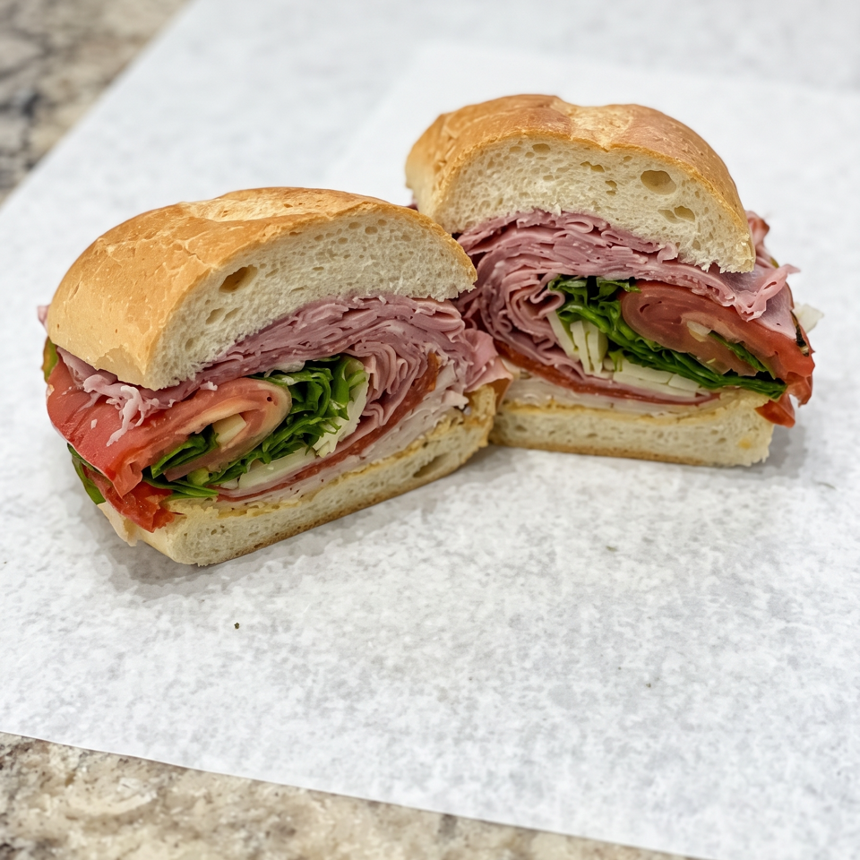 Two deli sandwiches on fresh rolls layered with sliced meats, tomatoes, lettuce, and onions on parchment paper.