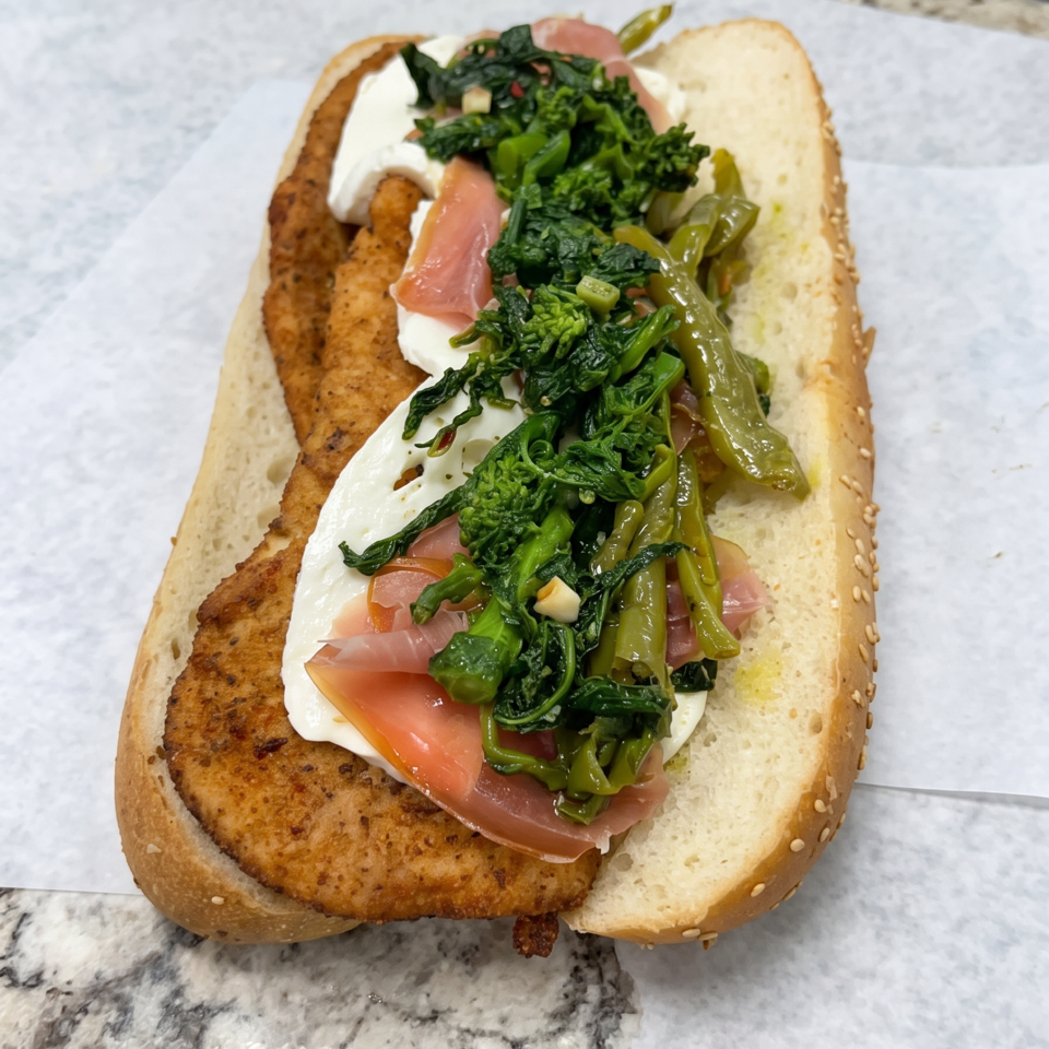 Open sesame-seed sandwich filled with crispy breaded cutlet, creamy sauce, tomatoes, sautéed greens, and peppers.