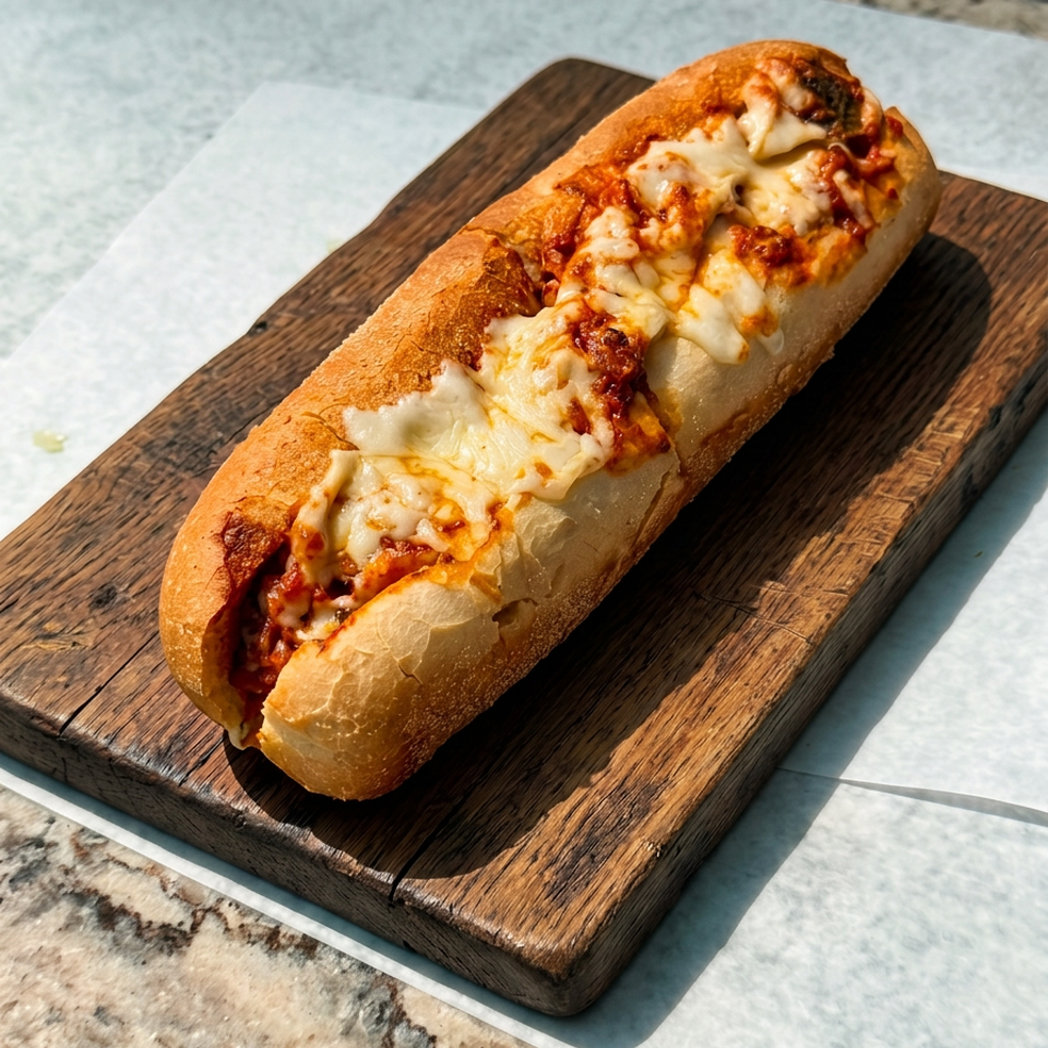 Toasted meatball sub with tomato sauce and melted cheese served on a wooden board.