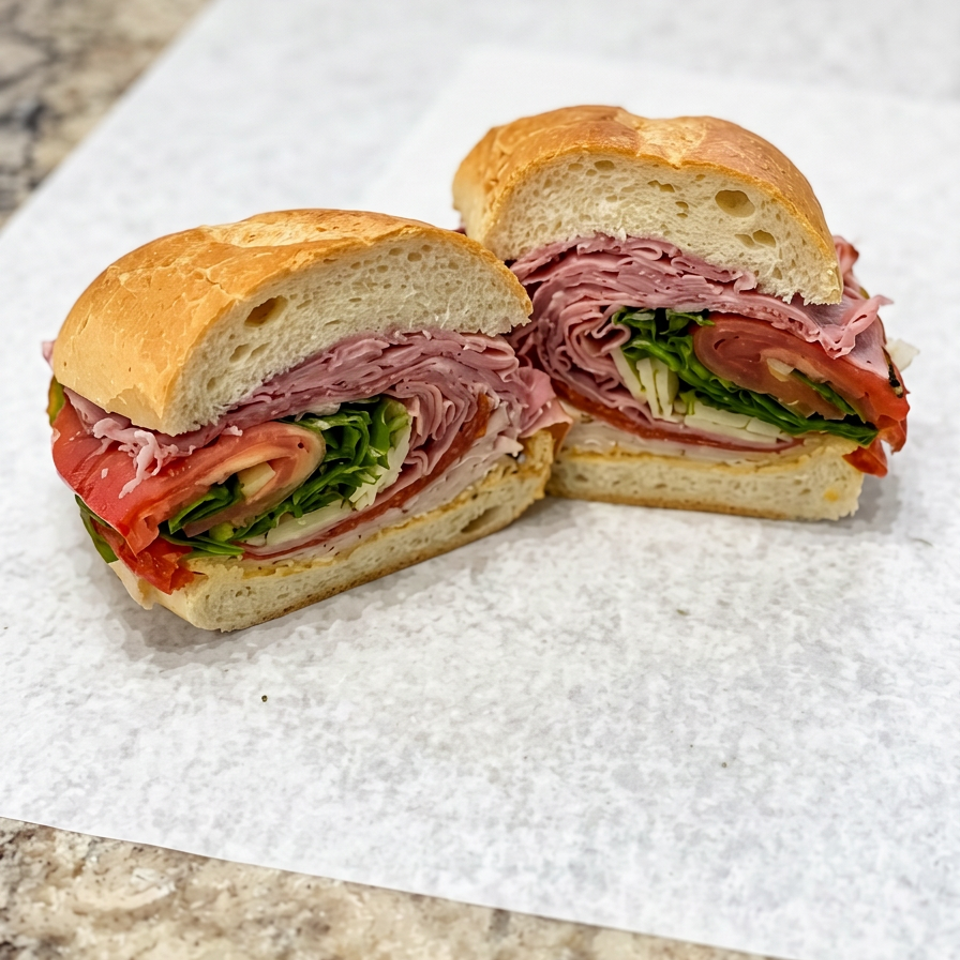 Two deli sandwiches on fresh rolls layered with sliced meats, tomatoes, lettuce, and onions on parchment paper.