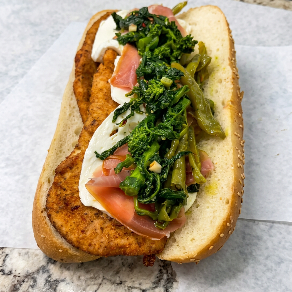Open sesame-seed sandwich filled with crispy breaded cutlet, creamy sauce, tomatoes, sautéed greens, and peppers.