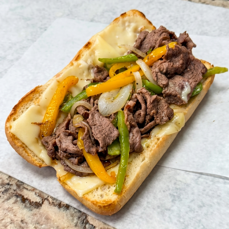 Toasted steak sandwich topped with melted cheese, sautéed green and yellow peppers, and onions on parchment paper.